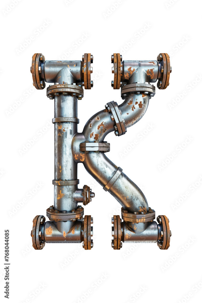 Water pipes arranged in the shape of the letter K on a plain background. Isolated letter K.