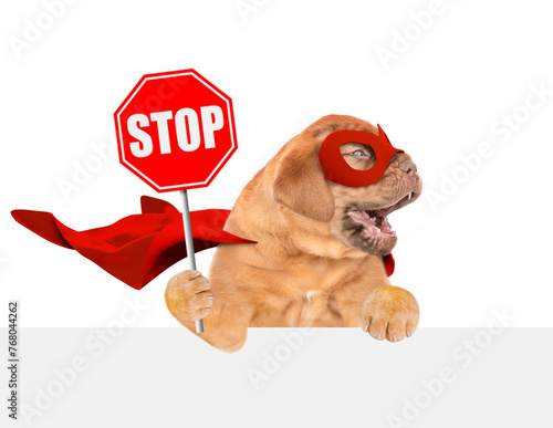 Funny Mastiff puppy wearing superhero costume showing stop sign above empty white banner. Isolated on white background