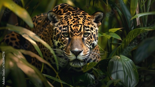 A majestic jaguar prowling through the dense undergrowth of the Amazon rainforest, its spotted coat camouflaging it against the dappled shadows.
