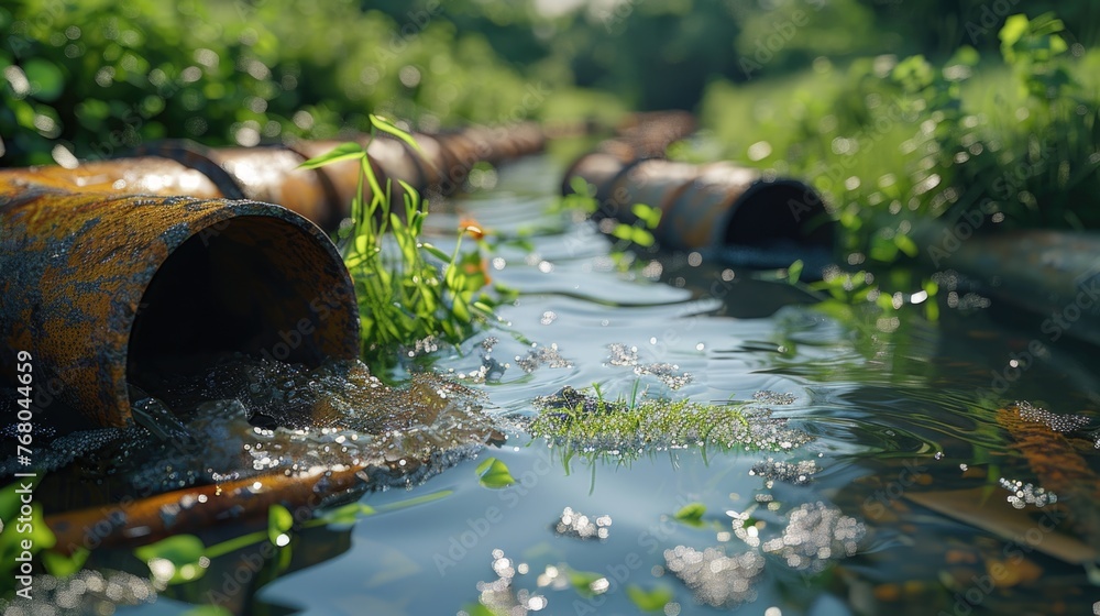 Industrial Spill in Natural Waters, Rusty pipes discharging into a clear stream, highlighting environmental pollution amidst natural beauty, sparking a conversation on industrial impact Industrial Spill in Natural Waters, Rusty pipes discharging into a clear stream, highlighting environmental pollution amidst natural beauty, sparking a conversation on industrial impact