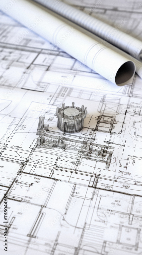 Architectural plans and rolls of blueprints, close-up Architectural plans and rolls of blueprints, close-up