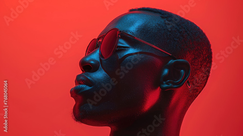 Bold Statement in Red, striking profile of a man in red glasses, set against a vivid red backdrop, creating a compelling, monochromatic aesthetic