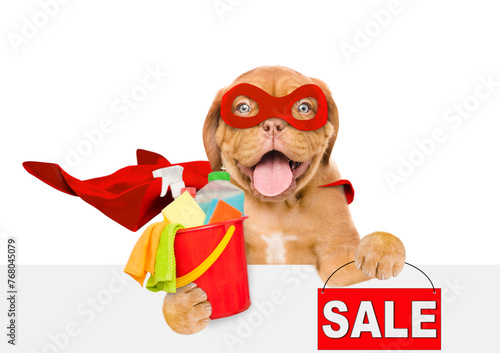 Funny Mastiff puppy wearing superhero costume holds bucket with washing fluids and  showing signboard with labeled "sale" above empty white banner. Isolated on white background