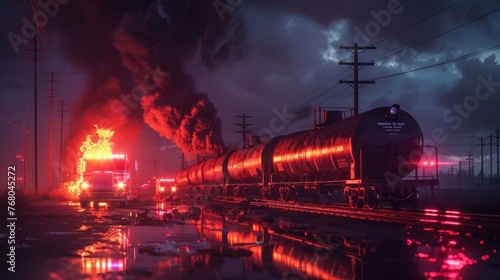 Catastrophic Train Derailment, dramatic scene unfolds with emergency services responding to a fiery nighttime train derailment, highlighting the urgency and danger of industrial accidents photo