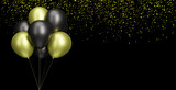 Bunch of black and gold balloons on black background with confetti. 3D rendering. Empty space for text