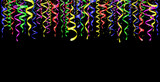 Falling confetti and curly colorful shiny streamer on black background. Empty space for text