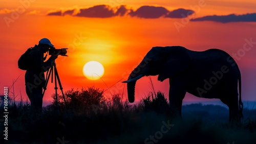 A photographer taking a photo of a wild elephant on a sunset background. © PJang