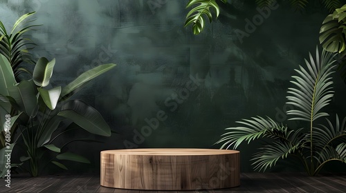Tropical Elegance: Exotic Wood Pedestals for Product Showcase in Lush Forest Ambiance