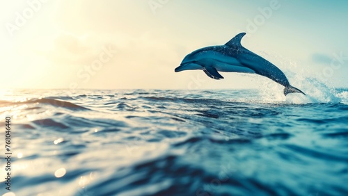 A dolphin jumps onto the surface of the sea