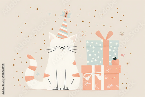 Content cat with party hat and gifts in a festive birthday setting © Roza