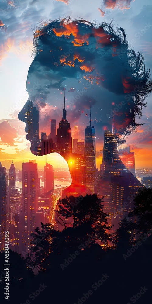 A striking double-exposure composition merges a full-body side silhouette with a vibrant cityscape during a fiery sunset A striking double-exposure composition merges a full-body side silhouette with a vibrant cityscape during a fiery sunset