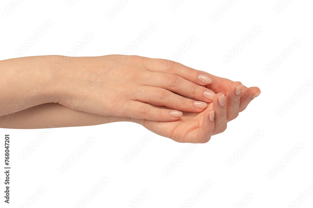 Woman hands isolated on a white background. Nude nail polish. Woman hands isolated on a white background. Nude nail polish.