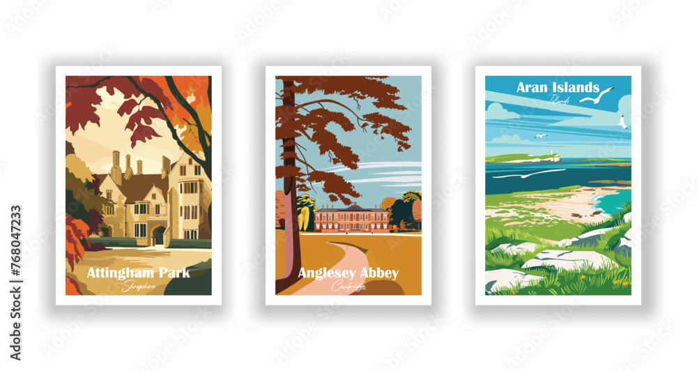 Anglesey Abbey, Cambridge. Aran Islands, Islands. Attingham Park, Shropshire - Set of 3 Vintage Travel Posters. Vector illustration. High Quality Prints