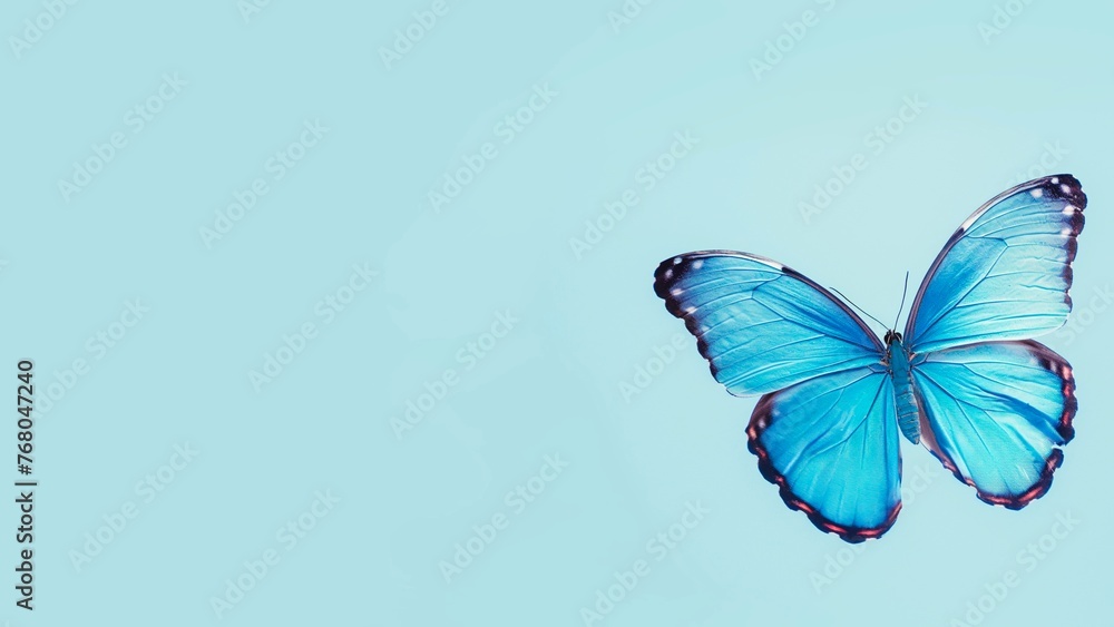 Fototapeta premium A blue butterfly is isolated on a blue background.