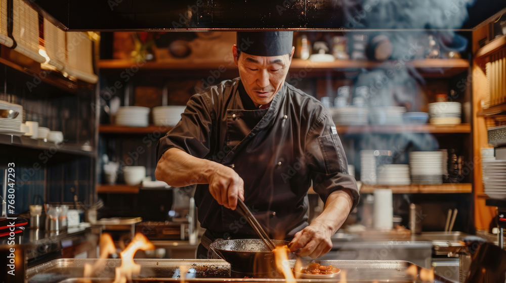 An asian chef presents his culinary art in a restaurant An asian chef presents his culinary art in a restaurant