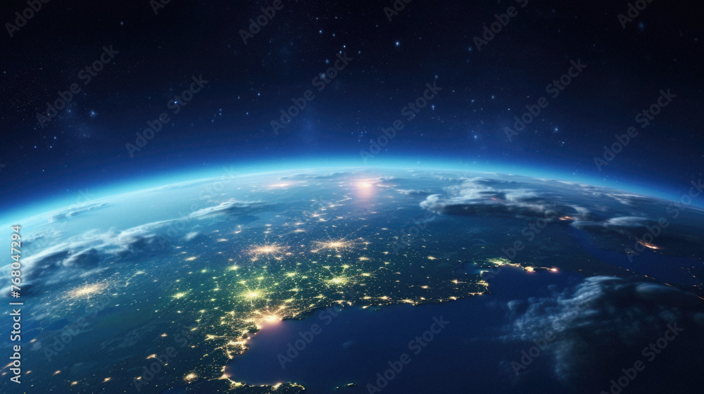 Earth view from space showing realistic planet surface and city lights .