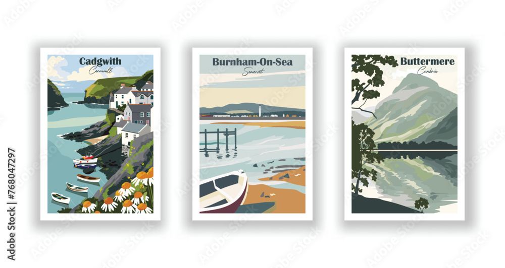 Burnham-On-Sea, Somerset. Buttermere, Cumbria. Cadgwith, Cornwall - Set of 3 Vintage Travel Posters. Vector illustration. High Quality Prints