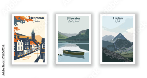 Tryfan, Wales. Ullswater, Lake District. Ulverston, Cumbria - Set of 3 Vintage Travel Posters. Vector illustration. High Quality Prints