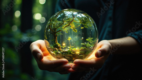 Close up of human hands holding glass globe with forest inside. Ecology concept