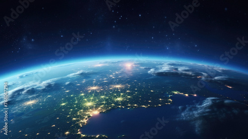 Earth view from space showing realistic planet surface and city lights .