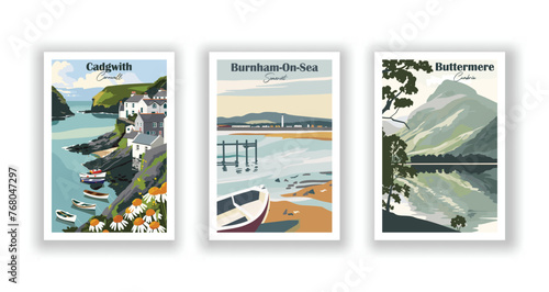 Burnham-On-Sea, Somerset. Buttermere, Cumbria. Cadgwith, Cornwall - Set of 3 Vintage Travel Posters. Vector illustration. High Quality Prints