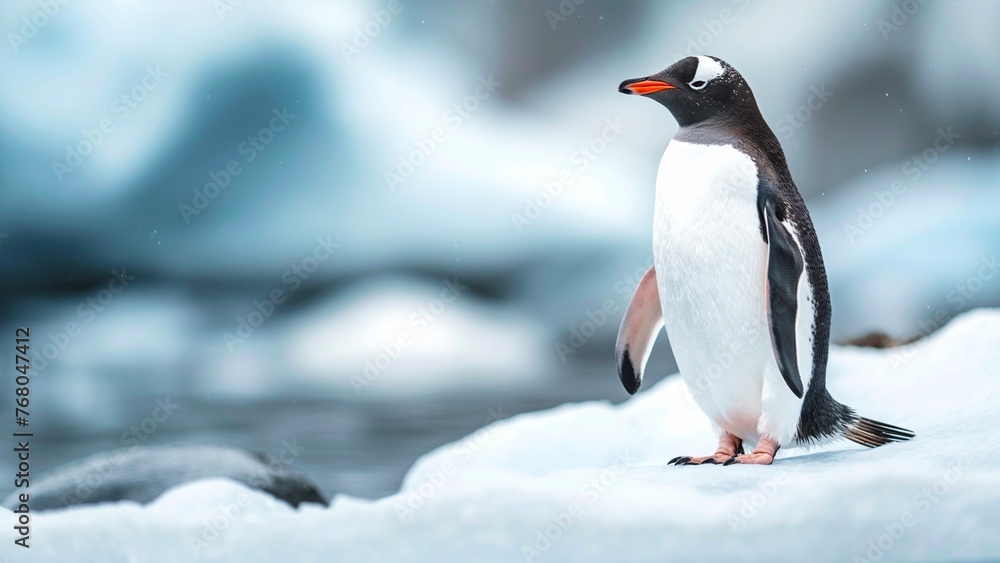 Fototapeta premium A penguin standing on the ice in winter.