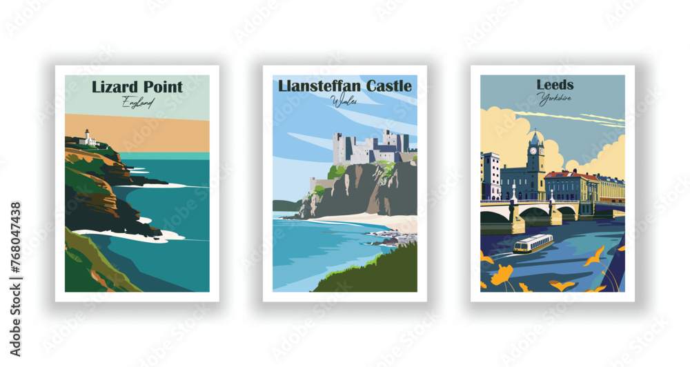 Leeds, Yorkshire. Lizard Point, England. Llansteffan Castle, Wales - Set of 3 Vintage Travel Posters. Vector illustration. High Quality Prints