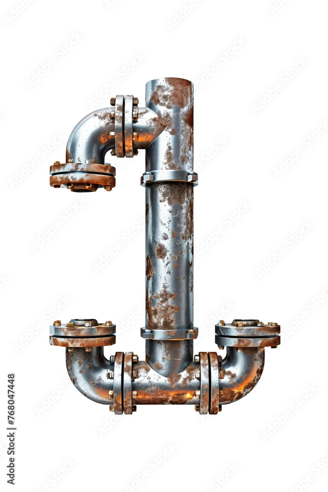 A metal pipe showing signs of rust in an industrial environment. Isolated numeral 1.