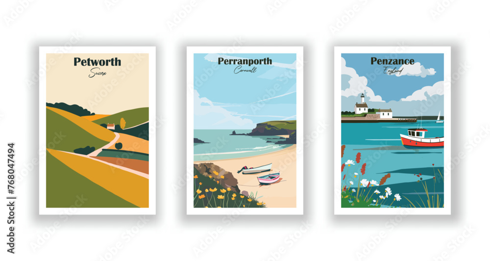 Penzance, England. Perranporth, Cornwall. Petworth, Sussex - Set of 3 Vintage Travel Posters. Vector illustration. High Quality Prints