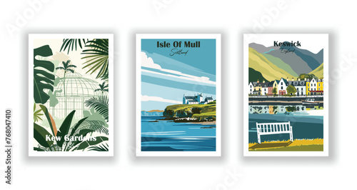Isle Of Mull, Scotland. Keswick, England. Kew Gardens, England - Set of 3 Vintage Travel Posters. Vector illustration. High Quality Prints