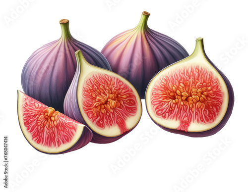 Digital illustration of a juicy fig, purple, green, cut, whole, with leaves. Clip art isolated on transparent background.   For shops, wedding invitations, food business