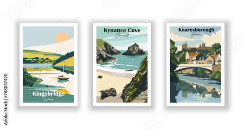 Kingsbridge  Devon. Knaresborough  Yorkshire. Kynance Cove  Cornwall - Set of 3 Vintage Travel Posters. Vector illustration. High Quality Prints