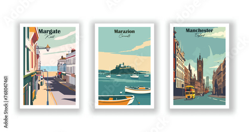 Manchester, England. Marazion, Cornwall. Margate, Kent - Set of 3 Vintage Travel Posters. Vector illustration. High Quality Prints photo