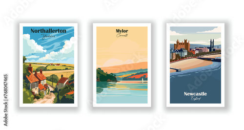 Mylor, Cornwall. Newcastle, England. Northallerton, Yorkshire - Set of 3 Vintage Travel Posters. Vector illustration. High Quality Prints