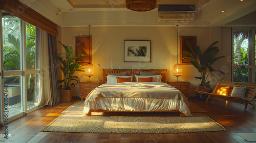 A bedroom with a large bed, wooden furniture, and lots of plants.