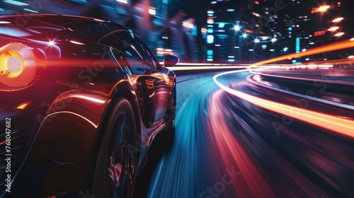 Speeding Sports Car On Neon Highway © Media Srock