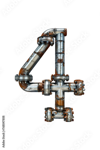 A number four constructed from metal pipes. Isolated numeral 4.
