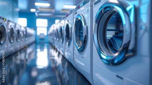 A commercial laundry machine aisle in a modern, technology-equipped laundromat with white appliances.