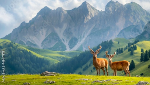 a pair of deer in the green forest with a mountain background.