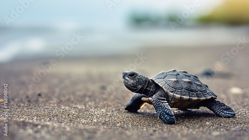 a newly born turtle crawls towards the sea.