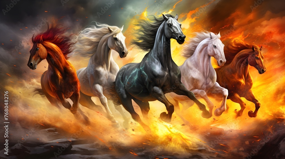 Majestic horses racing from flames - Illustration of powerful horses charging forward against a backdrop of fiery flames - obrazy, fototapety, plakaty 