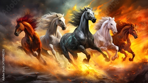 Majestic horses racing from flames - Illustration of powerful horses charging forward against a backdrop of fiery flames © Mickey