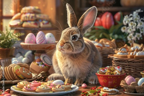 Illustration of a rabbit surrounded by Easter treats like eggs, cookies, and chocolates on a festive table Warm lighting creates a cozy atmosphere