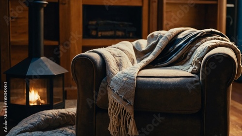 luxury room,A chair with a blanket in front of a fireplace.A thick knitted blanket in shades of gray and cream, draped over a chair in front of a roaring fireplace.