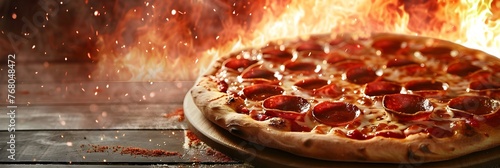 Hot pizza with melting cheese and pepperoni - Freshly baked pizza with melting cheese and pepperoni slices, depicted in a fiery oven, signifying delicious hot food