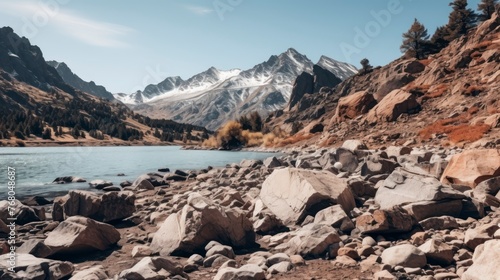 Natural landscape of rocky lake and mountain