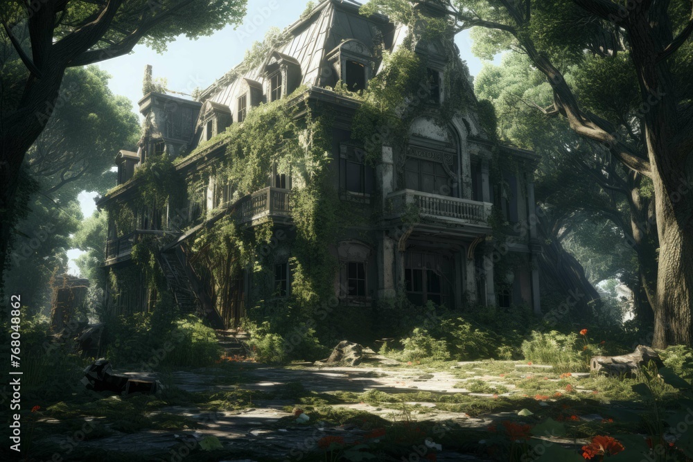 Eerie abandoned mansion with overgrown garden