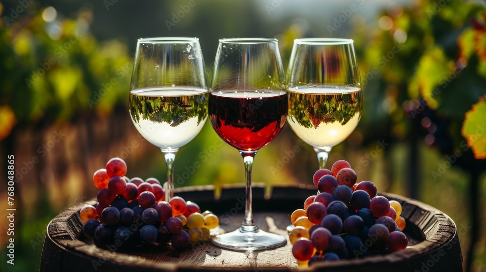 custom made wallpaper toronto digitalAssorted white, rose, and red wines showcased on wooden barrel in scenic vineyard backdrop