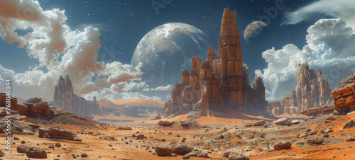 A breathtaking alien landscape with towering rock formations, a desert terrain, and celestial bodies in the sky.