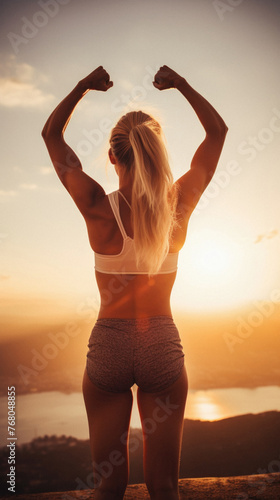 Back view of sporty woman showing biceps while standing on top of mountain during sunset